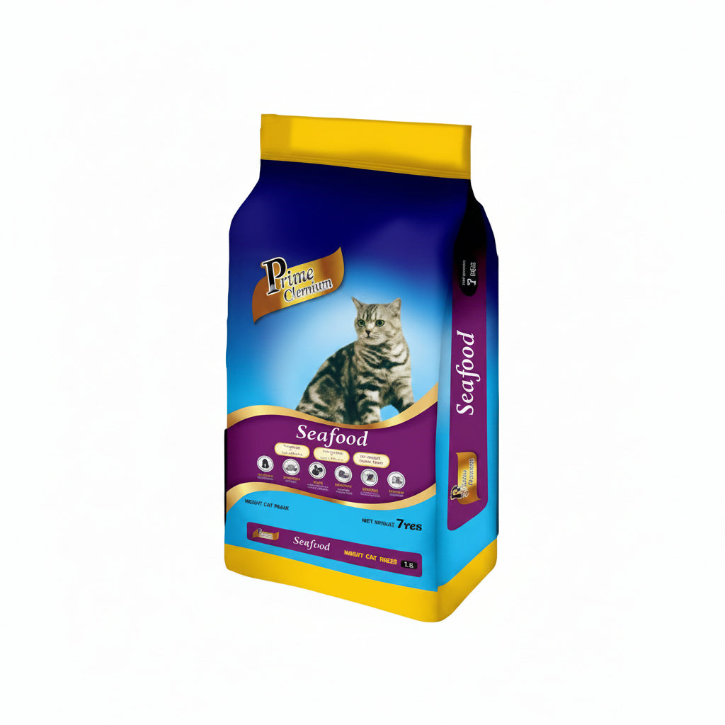 Prime Classica 7kg Cat food package sea food flavor with a blue and yellow design 